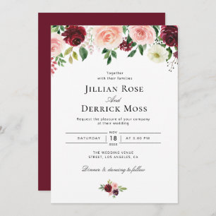 Invitation fleurs d'aquarelle rose vif et bordeaux mariage