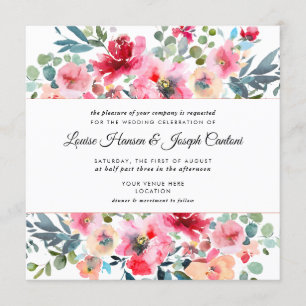 Invitation Fleurs d'aquarelle Roses de jardin, Mariage rouge 