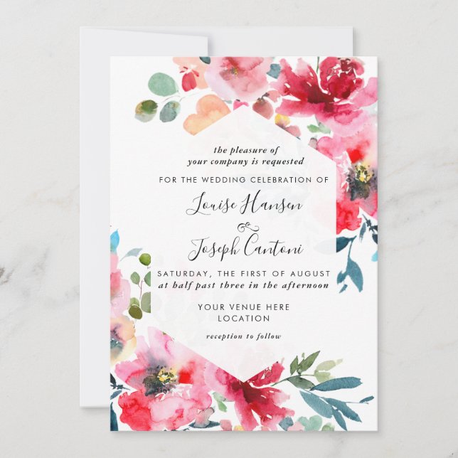 Invitation Fleurs d'aquarelle Roses de jardin, Mariage rouge  (Devant)