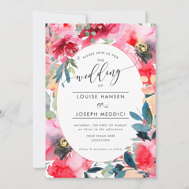Invitation Fleurs d'aquarelle Roses d'été, Mariage Red Ombre (Devant)