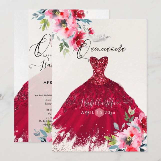 Invitation Fleurs d'aquarelle rouge de Quinceanera (Devant / Derrière)
