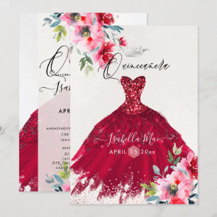 Invitation Fleurs d'aquarelle rouge de Quinceanera