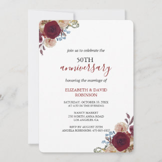 Invitation Fleurs d'aquarelle rouge mariage 50e anniversaire