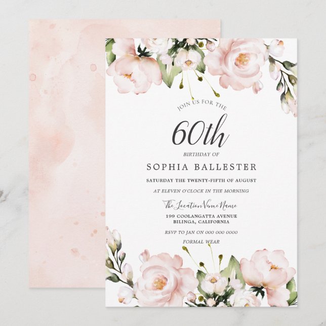 Invitation Fleurs d'aquarelle rousse 60e fête d'anniversaire (Devant / Derrière)