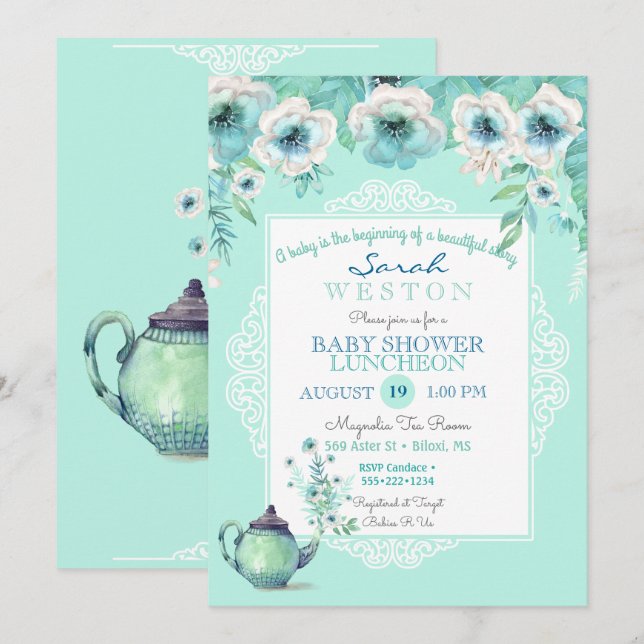 Invitation Fleurs d'aquarelle Tea Tea Mint (Devant / Derrière)