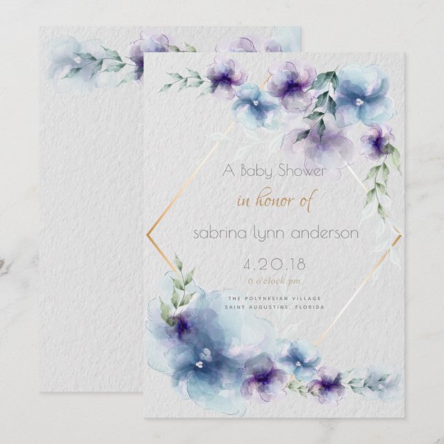 Invitation Fleurs d'aquarelle translucides Bleu-Violet (Devant / Derrière)