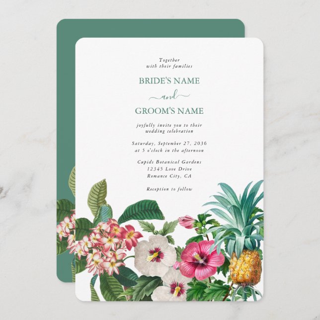 Invitation Fleurs d'aquarelle tropicale et Mariage de verdure (Devant / Derrière)