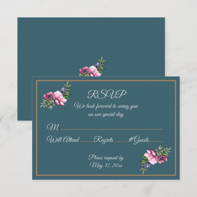 Invitation Fleurs d'aquarelle turquoise et rose (Devant / Derrière)