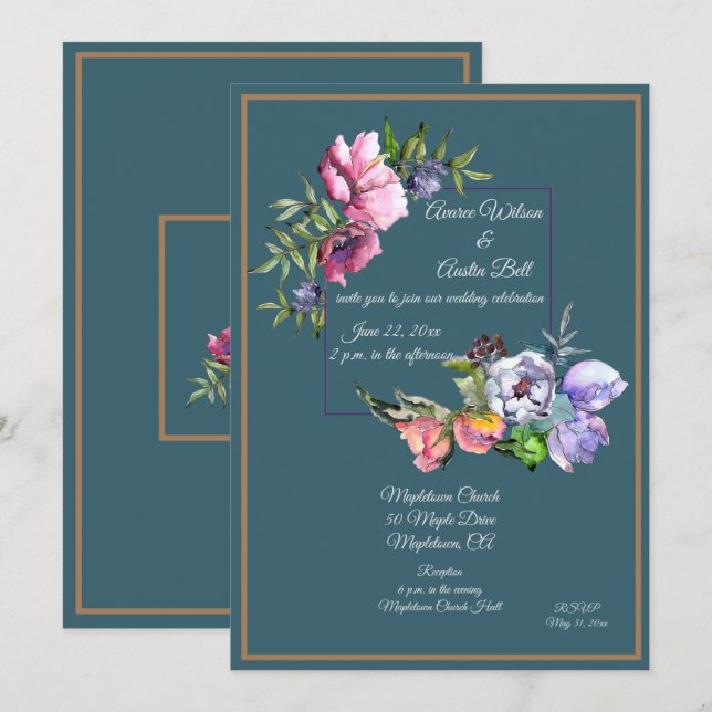 Invitation Fleurs d'aquarelle turquoise et rose (Devant / Derrière)