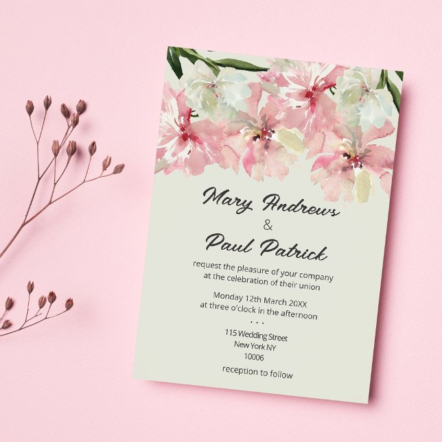 Invitation Fleurs d'aquarelle vert menthe pastel Mariage (Pastel pink mint green watercolor flowers Wedding)