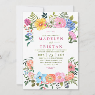 Invitation Fleurs d'aquarelle verte Mariage photo minimaliste