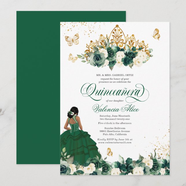 Invitation Fleurs d'aquarelle verte + Quinceanera papillon (Devant / Derrière)