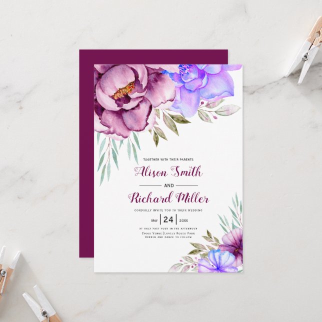 Invitation Fleurs d'aquarelle violet bleu mariage (Devant/Arrière en situation)
