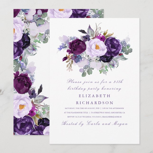 Invitation Fleurs d'aquarelle violette Fête d'Anniversaire ro (Devant / Derrière)