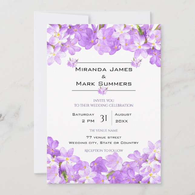 Invitation Fleurs d'aquarelle violette Mariage élégant (Devant)