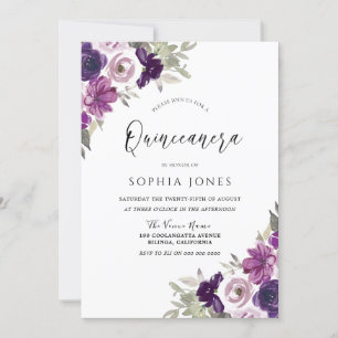 Invitation Fleurs d'aquarelle violette violet Quinceanera