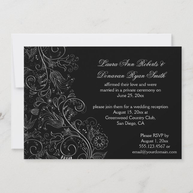 Invitation Fleurs d'argent esquissées sur Mariage noir (Devant)