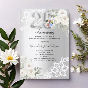 Invitation Fleurs d'argent photo 25e anniversaire mariage