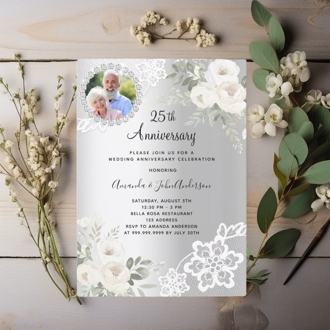Invitation Fleurs d'argent photo 25e anniversaire mariage (Créateur téléchargé)