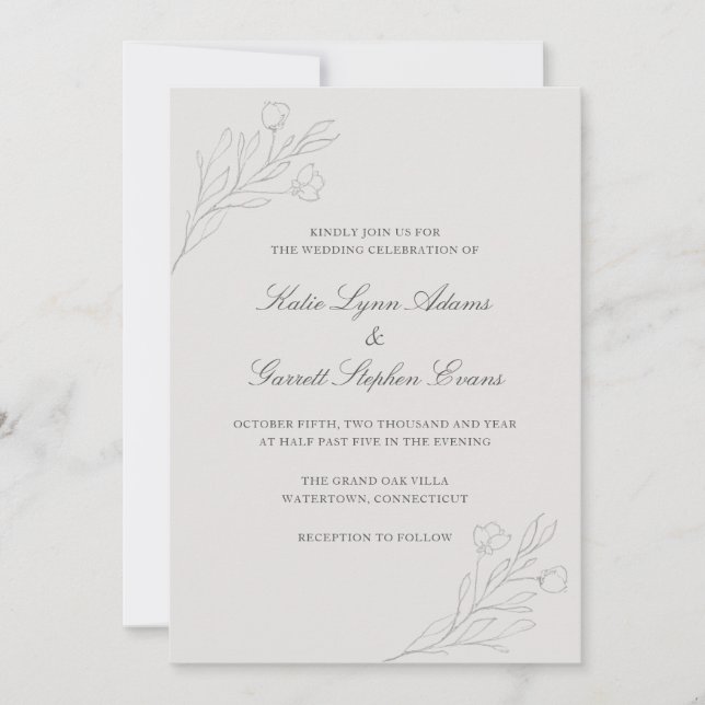 Invitation Fleurs d'Art Gris Mariage élégant (Devant)