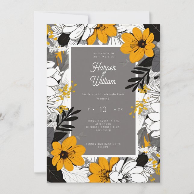 Invitation Fleurs d'art monochrome mariage (Devant)