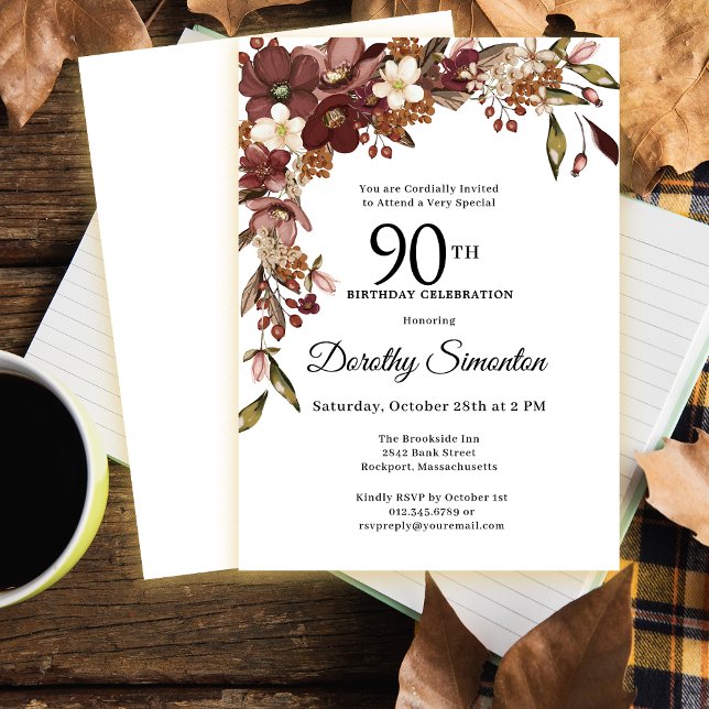 Invitation Fleurs d'automne bordeaux mauve ivoire 90e anniver (Need matching party supplies? Message me!)