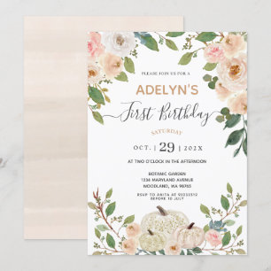 Invitation Fleurs d'automne Citrouille blanc 1er anniversaire