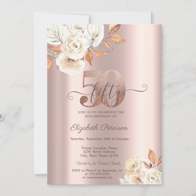 Invitation Fleurs d'automne d'or rose 50e anniversaire (Devant)