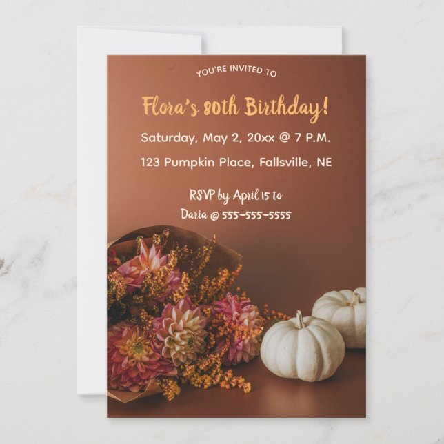Invitation Fleurs d'automne et Citrouille éditable Anniversai (Devant)