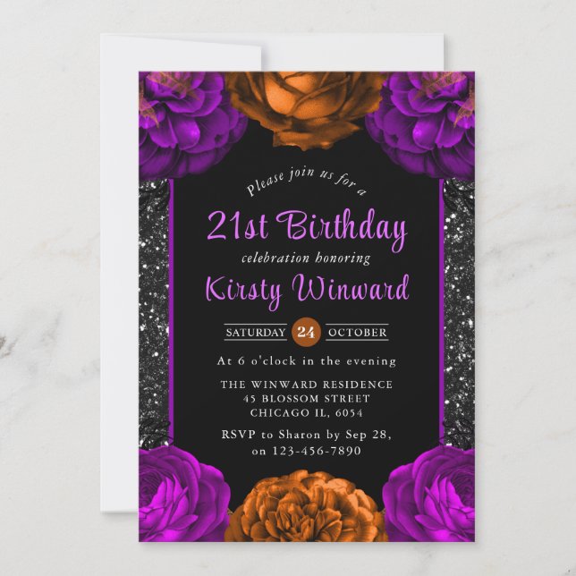 Invitation Fleurs d'automne orange et violet Halloween Annive (Devant)