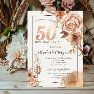 Invitation Fleurs d'automne,Verre à Champagne Or 50 ans 