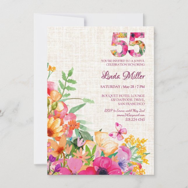 Invitation Fleurs de 55 ans Lin fleuri 55e anniversaire (Devant)