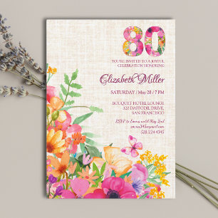 Invitation Fleurs de 80 ans Linge floral 80e anniversaire