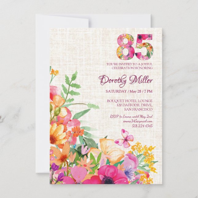 Invitation Fleurs de 85 ans Lin fleuri 85e anniversaire (Devant)