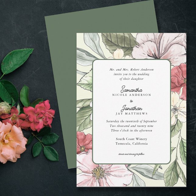 Invitation Fleurs de automne rose et gris bleu Mariage vert (Créateur téléchargé)