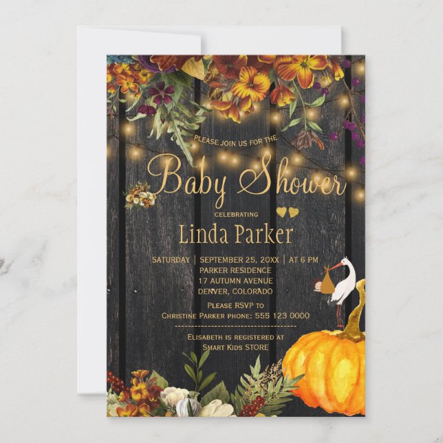 Invitation Fleurs de automne rustiques grange bois baby showe (Devant)