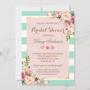 Invitation Fleurs de Baby Shower Rose Menthe Verte Rayures
