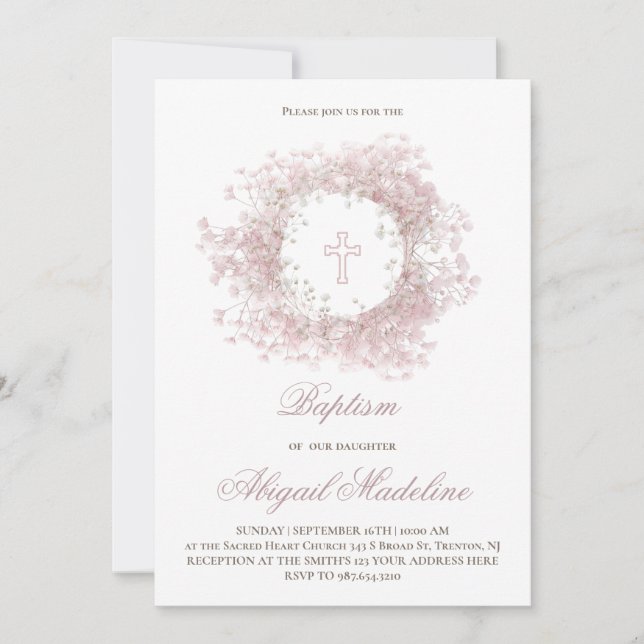 Invitation Fleurs de bébé rose Baptême  (Devant)