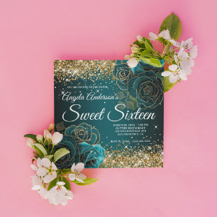 Invitation Fleurs de Bleu Sarcelle Paillettes Or Glam Sweet S