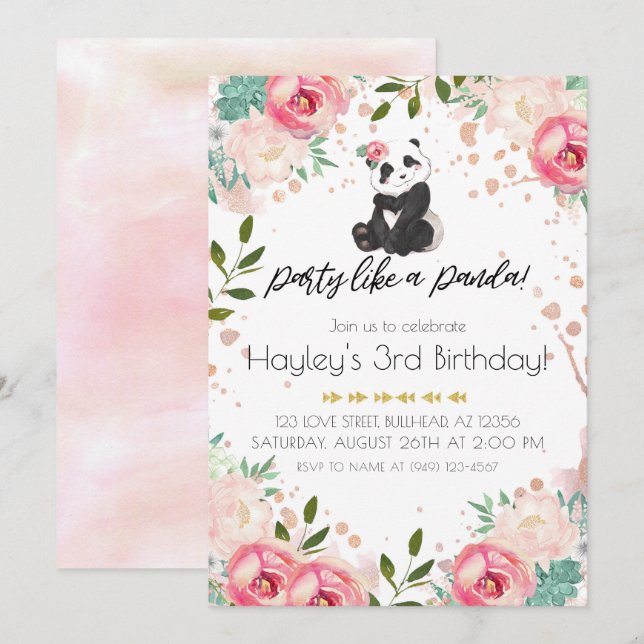 Invitation Fleurs de Bohême comme un anniversaire de Panda (Devant / Derrière)