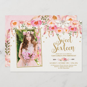 Invitation Fleurs de Bohême rose rousse Douce 16 Anniversaire