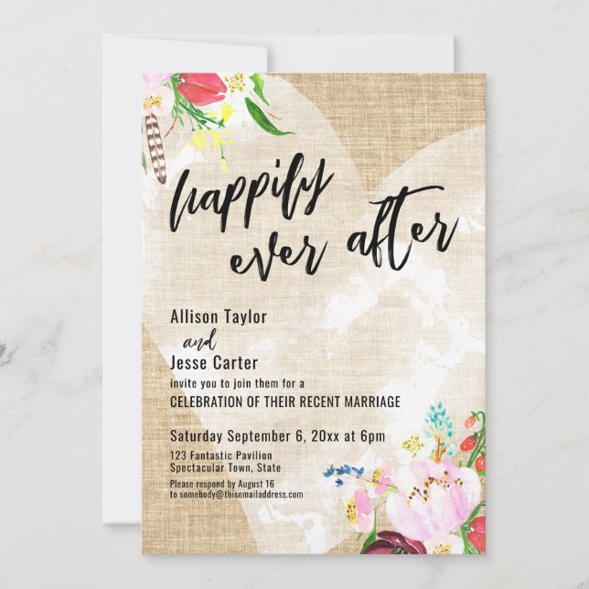 Invitation Fleurs de Boho Coeur Burlap Heureux Jamais Après (Devant)