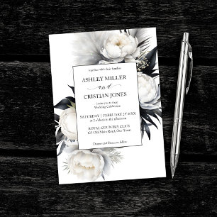 Invitation Fleurs de boho noir et blanc élégant mariage