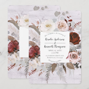 Invitation Fleurs de Bois Rustique Fleurs Roses Gris Rouge Ma