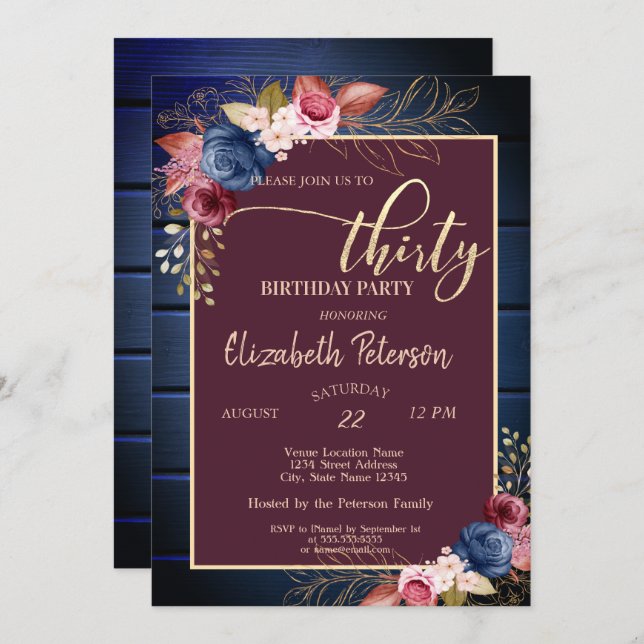 Invitation Fleurs de Bourgogne Marine Bois bleu 30e anniversa (Devant / Derrière)