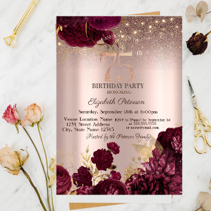 Invitation Fleurs de Bourgogne Pailletées Rose Doré 75e Anniv
