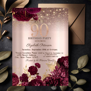 Invitation Fleurs de Bourgogne Pailletées Rose Doré 90e Anniv