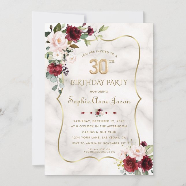 Invitation Fleurs de Bourgogne rose Marbre d'or 30e anniversa (Devant)