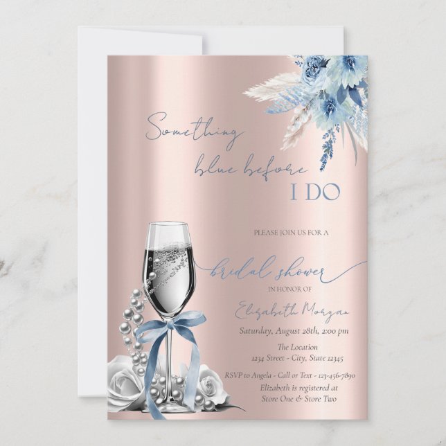 Invitation Fleurs de Bow Bleu Perles et Rose Prosecco Gold (Devant)
