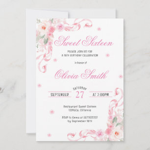Invitation Fleurs de Bow rose pâle Sweet sixteen Anniversaire